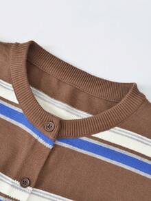 Women's Autumn Korean Style Vintage Youthful Round Neck Single-Breasted Long Sleeve Striped Knit Cardigan - Coffee Brown - View 5