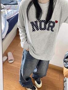 女款時尚秋冬純棉寬鬆百搭字母與卡通印花長袖T恤 - 淺花灰 - 查看 7