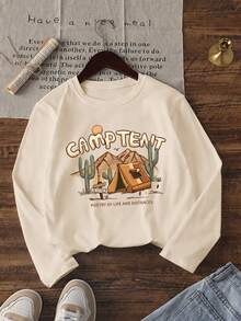 3pcs/Set Boys' Round Neck Long Sleeve Tops, Space Astronaut Outdoor Camping Minimalist Letter Print Loose Fit Spring Autumn Daily Casual Wear, Multi-Color Versatile Matching Set - Apricot - View 5
