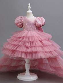 KAFEIBEI Young Girls Elegant Sequin Flower Girl Dress, Layered Tulle High-Low Princess Gown For Wedding, Birthday Party, Pageant & Formal Events - Dusty Pink - View 5