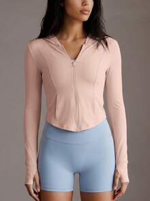 Soyun New Hooded Sports Jacket With Pockets And Thumb Holes, Suitable For Outdoor Activities, Casual Wear, Fitness And Yoga - Pink - View 5