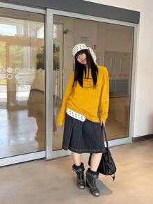 American Street Style Yellow Crew Neck Long Sleeve T-Shirt For Women, Autumn Brand Letter Pure Loose Fit Versatile Y2K Base Layer Top Casual - Yellow - View 2