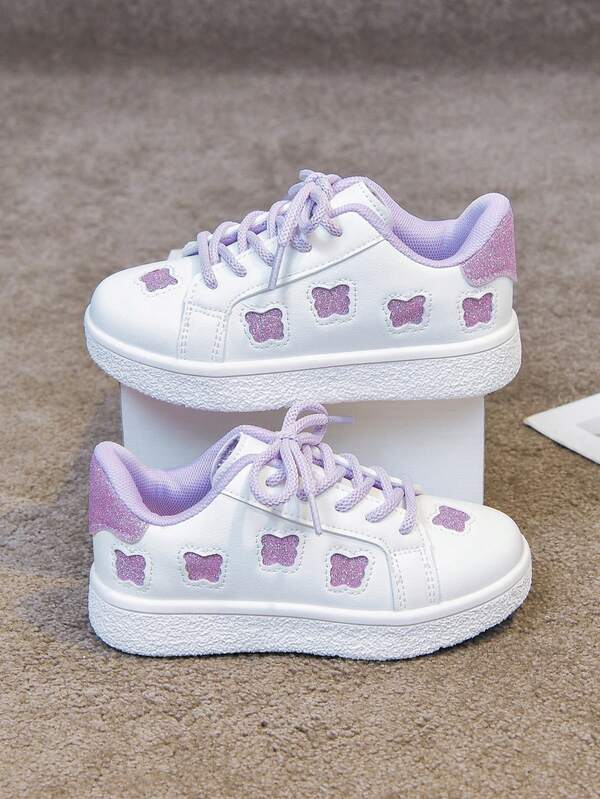 1 Pair Girls Versatile Lace-Up Comfortable Breathable White Sneakers, Sweet Cartoon Embroidery Decor Patchwork Fashion Skate Shoes, Casual Campus Student Shoes, Baby Running Sports Shoes, Holiday Essential