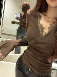 Casual Versatile Cross Neck Lace Women's Top, Autumn/Winter New Style, Daily Wear - Mocha Brown - View 2