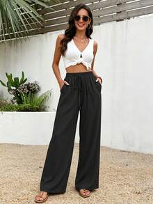 Women's Wide Leg Pants, High Waist Drawstring Elastic Waist Loose Pleated Wide Leg Pants, Casual Flowy Summer Long Pants - Black - View 5