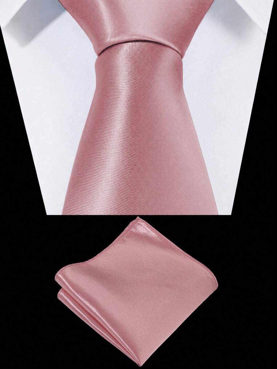 1 Set Men Solid Color 8cm Necktie & Pocket Square Set, Satin Tie & Hankerchief Set, Business Tie, Pocket SquareMen Necktie - Dusty Pink - View 1