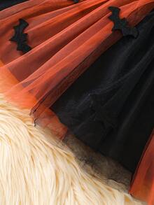 Baby Girl Halloween Orange Fleece Hooded Cape With Pumpkin Face And Bat Tulle Tutu - Multicolor - View 9