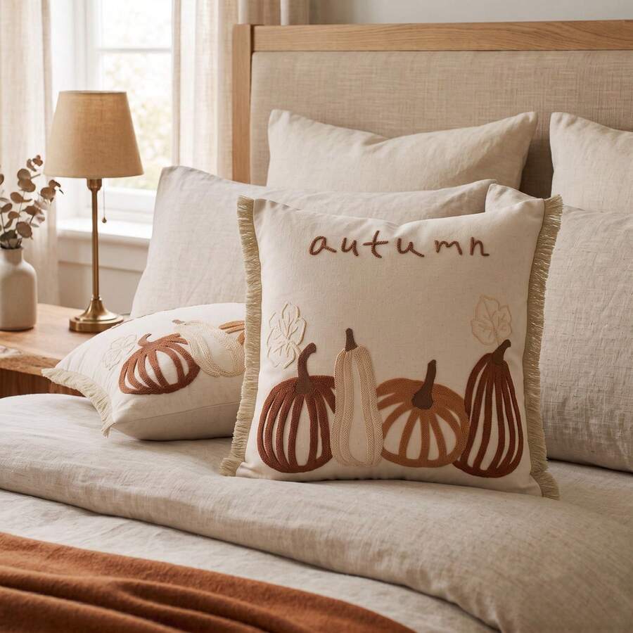 1pc/2pcs Pumpkin Embroidered Pillow Case, Rustic Textured Tassel Edge Cushion Cover, Autumn Cottagecore Home Decor