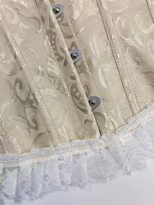 Women's Vintage Beige Strapless Corset Top, Lace Trim Bow Detail, Front Hook Closure Slim Fit Bustier For Halloween Cosplay, Party & Going Out - Apricot - View 6
