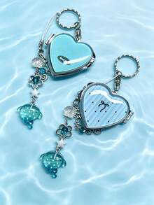 Cute Heart Shaped Foldable Mirror Keychain With Mini Whale Pendant, Sweet Dotted Striped Pattern Portable Makeup Mirror Bag Charm Key Ring Gift For Gi - Baby Blue - View 4