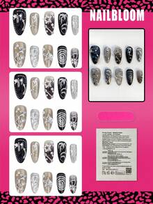 10片中號杏仁形穿戴甲，夏季Y2K暗黑千禧風：3D銀色螺旋圖案搭配銀色星星與鋼珠裝飾，黑色漸層法式指尖，適合女孩與女性日常配戴、假期派對與送禮 - 黑色 - 查看 2
