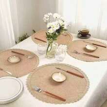4pcs Bohemian Style Beige Linen Placemats, Round Crochet Edge Heat-Resistant Table Mats, Suitable For Home And Party - Multicolor - View 5
