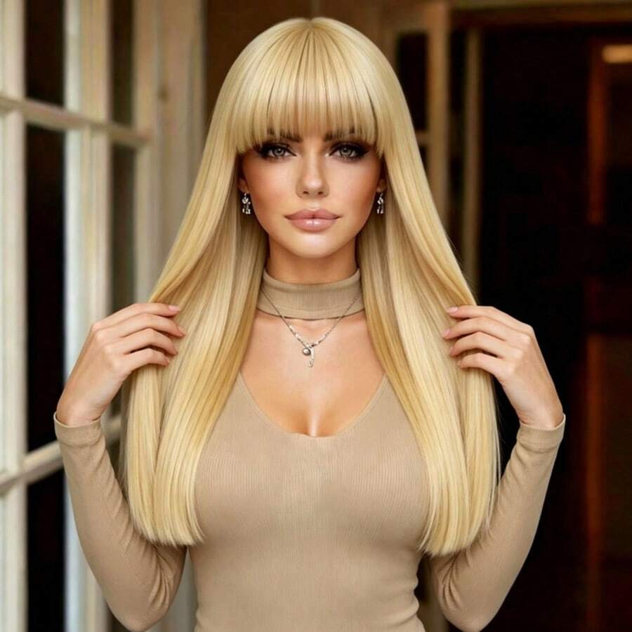24 Inch Straight Bangs Wig, High Density Hair, Smooth And Natural Styling, Comfortable Fit, Heat Resistant And Durable, Suitable For Easter Party Costume, Versatile Fashion, Universal For All Women, Elegant Hairstyle Accessory - Gold 1 - View 1