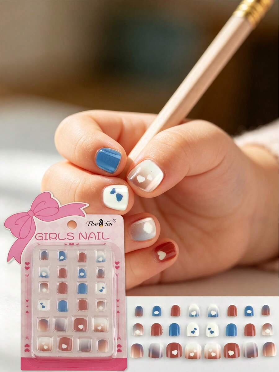 1盒24片可愛愛心圖案兒童美甲貼，易貼易撕，適合日常佩戴、派對與拍照，打造可愛兒童美甲風格