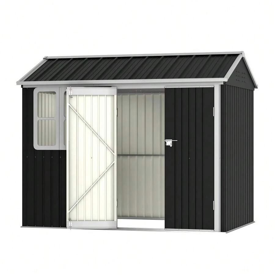 Stylish Modern Metal Garden Shed – 152.4 * 91.44 Cm Waterproof Galvanized Steel Storage Unit With Clear Window, Smooth Sliding Door, Secure Lock & Lean-To Design For Patio, Backyard Or Outdoor Utility Use – Compact, Rust-Resistant, Easy Assembly, Spa - 256.03*173.43*228.6cm - View 1