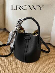 Women's Bucket Bag, Fashion Versatile Elegant Solid Color Striped Black Handbag With Scarf, Suitable For Shopping And Commuting, Small Pouch Included - Black - View 2