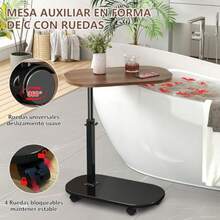 LOKOOY Mesa Auxiliar Sala 2 Niveles con Ruedas, Portátil Mesas Laterales para Sala en Forma de C, Altura Ajustable 45-80cm Moderna Minimalista Mesa Lateral para Dormitorio, Sofás y Camas - Multicolor - Ver 7