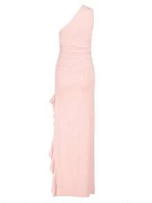 Women's Summer Solid Color One-Shoulder Ruffle Hem Slit Dress, Suitable For Dating, Gathering, Party, Vacation, Beach - Pink - View 2