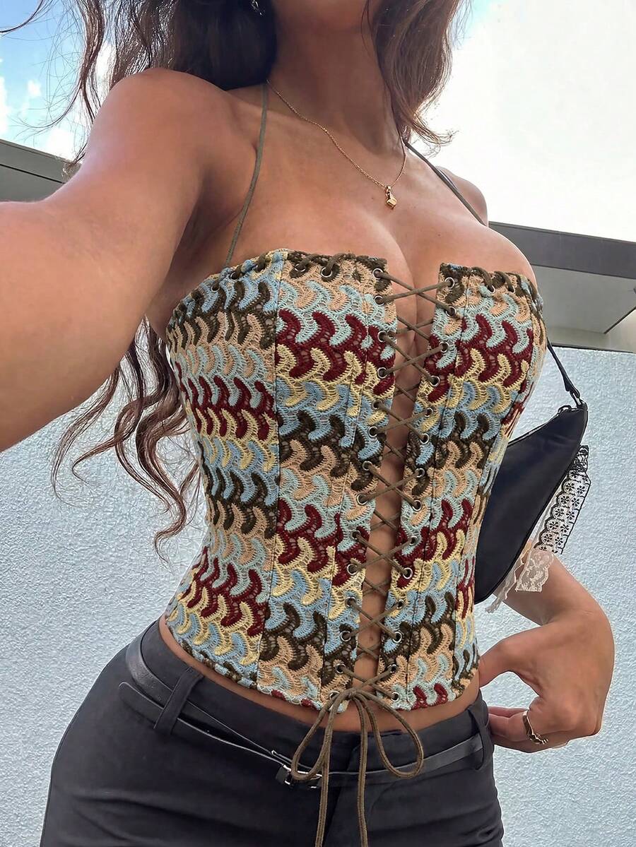 女款多色優雅短版束腰上衣,刺繡胸前綁帶、骨架設計、後拉鍊露背,龐克音樂節萬聖節掛脖上衣 - 彩色 - 查看 1