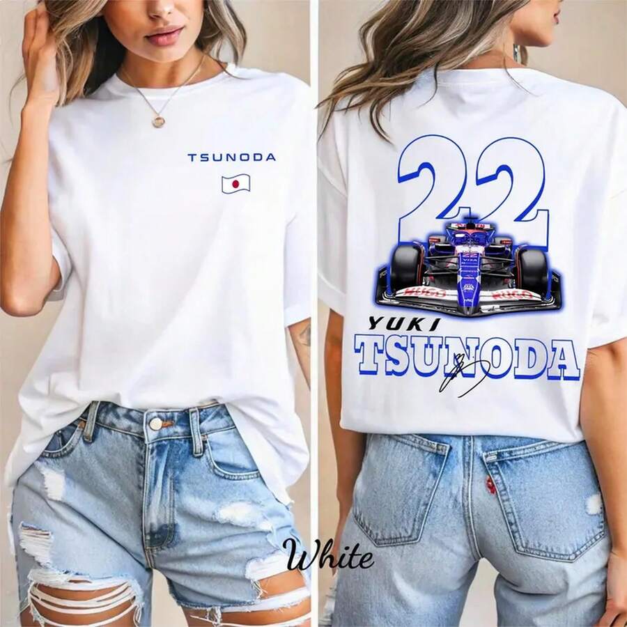 Yuki 22 Racing Tee - Japanese F1 Driver Double-Sided Shirt - 白色 - 查看 1