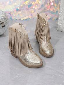 NILOSH Girls' Gold Glitter Tassel Decor Embroidered Side Zipper Round Toe Low Heel Western Cowboy Boots - Gold - View 3