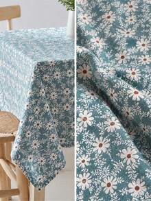 HHMC 1pc Teal Linen Blend Floral Fabric, White Daisy Print With Brown Flower Center, Woven Matte Breathable Texture, Suitable For Tablecloth, Pillowcase, Curtain, Handmade Bag And Country Style Home Decor Sewing Material - Multicolor - View 4