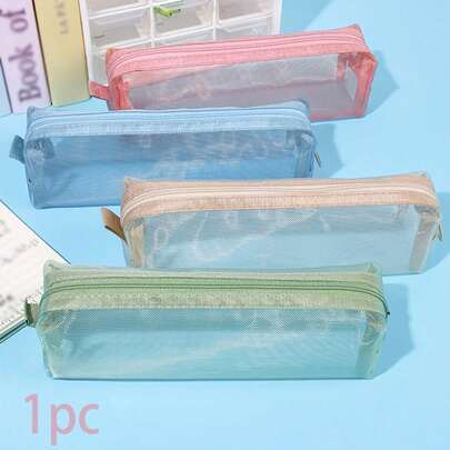 1pc Transparent Mesh Pencil Case, Beautiful Nylon Mesh Zipper Storage Bag, Portable Multi-Color Cosmetic Organizer Bag, Suitable For Travel, Home, Office