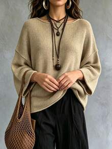 Women's Casual Rib-Knit Pullover Sweater Solid Color Boat Neck Three-Quarter Sleeves Drop Shoulder Knit Top - Khaki - View 6