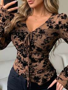 ChicMe Women's Deep V-Neck Mesh Top, Flocked Floral Drawstring Ruched Slim Fit Blouse, Lined Bell Sleeve Long Sleeve Top - Coffee Brown - View 6