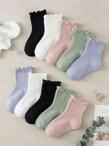 10 Pairs Random Candy Color Ruffle Cuff Ribbed Mid Calf Socks, Daily Sports Socks, Fall Back To School Essential Socks, Pastel Halloween Casual Socks - Multicolor - View 3