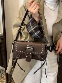 Bolso de hombro pequeño cuadrado con remaches estilo punk retro Y2K para mujer - Café - Ver 3
