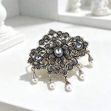 1pc Vintage Grey Rhinestone Turkish Brooch For Women, Suitable For Muslim Hijab, Collar, Wedding Bride Decoration, Antique Gold Alloy Brooch Jewelry - Turkish Brooch - View 11