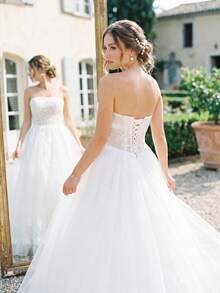 Elasola White Strapless Wedding Dress, Heavy Lace Sequin Mesh Full Skirt, Bridal Main Gown / Reception Dress, Veil Not Included Fall - White - View 5