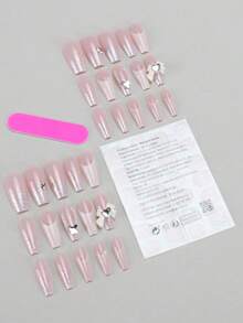 30片長款錐形穿戴式假指甲，裸粉白法式亮片漸層款，附3D蝴蝶結、愛心水鑽與蝴蝶裝飾，可重複使用美甲套組，含果凍膠貼片與指甲锉，女性日常美甲用品 - 彩色 - 查看 3