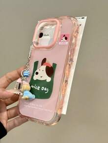 Cloth Bag Puppy Print Phone Case, Wavy Edge Transparent Shockproof Shell, Compatible With IPhone 15/14/13 All Models (Lanyard Not Included) - Pink - View 3