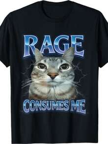 Funny Cat Meme T-Shirt For Men – 'Tummy Ache Survivor' Sarcasm Humor, Casual Round Neck Tee,Meme Shirts, Graphic Tee - 黑色12 - 查看 1