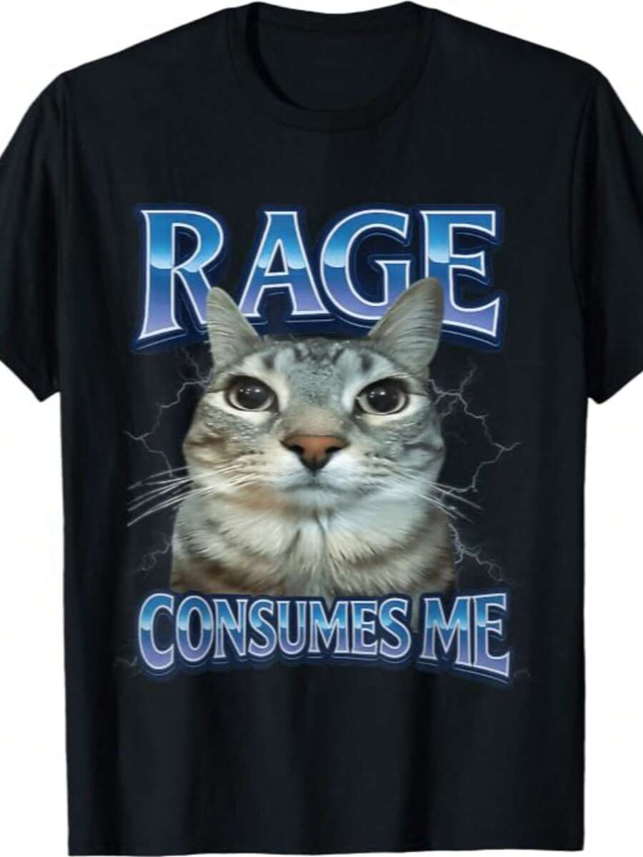 Funny Cat Meme T-Shirt For Men – 'Tummy Ache Survivor' Sarcasm Humor, Casual Round Neck Tee,Meme Shirts, Graphic Tee - 黑色12 - 查看 1