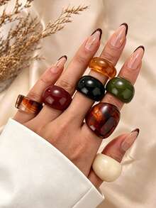 8pcs/Set Fashionable Glamorous Shiny Unique Exquisite Creative Luxury Versatile Elegant Geometric Colorful Resin Rings For Women Daily Wear Holiday Party Jewelry - Multicolor - View 2