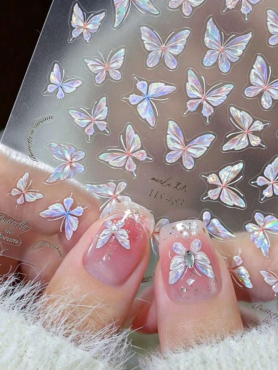 1pc Ice Crystal Aurora Laser Butterfly Embossed Nail Art Stickers, Multiple Transparent Iridescent Butterfly Designs With English Elements, Brilliant Colorful Light Effect Under Light, Thin Material Fits Closely To Nail Surface Without Curling, Shiny And Exquisite For Photos, DIY Materials For Ice-Transparent Gradient Gel Nails And Fairy-Style Wearable Nails - Multicolor - View 1