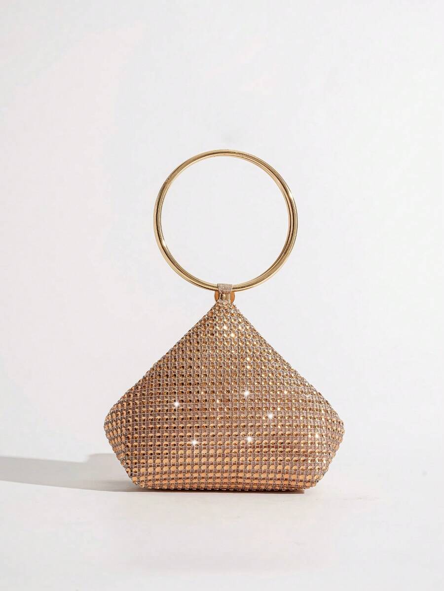 Tas Malam Mini Berhiaskan Rhinestone, Tas Mini Asimetris - Sampanye - View 1