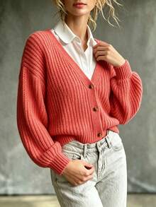 Women's Ruffle Collar Fabric-Covered Button Lantern Sleeve Loose Knit Cardigan – Simple Casual Versatile Fall Winter Daily Wear Sweater - Hot Pink - View 4