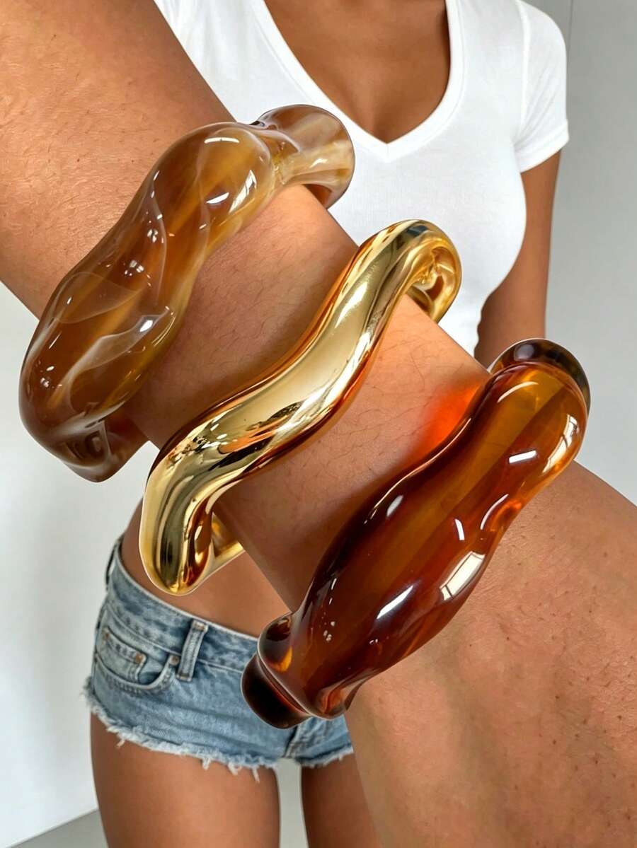 3pcs/Set Vintage Elegant Casual Resin & Gold CCB Bracelets, Suitable For Women Summer Beach Travel Wedding Party Wear, 2026 New Stackable Bracelet Set - Multicolor - View 1