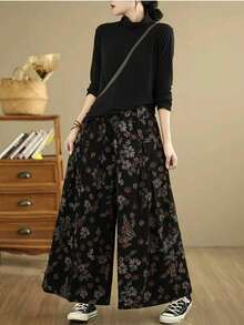 Autumn New Chinese Style Personalized Print Wide Leg Loose High Waist Slimming Elastic Pocket Long Pants Vacation - Multicolor - View 4