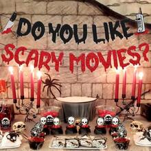 1/2 piezas Guirnalda de gotas de sangre con purpurina, Decoración de Halloween, Guirnalda de letras "¿TE GUSTAN LAS PELÍCULAS DE TERROR?" con recortes de cuchillo y teléfono, Decoración colgante con tema de película de terror, Decoración de dormitorio, Decoración de pared para fiesta de asesinos de Halloween - Multicolor - Ver 4