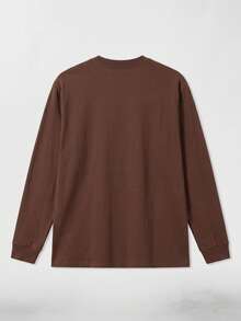Men's Vintage Brown Side Colorblock Vertical Stripe Crew Neck Long Sleeve T-Shirt, Spring/Autumn Casual Commuter Base Layer Top - Brown - View 3