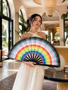 1pc Rainbow Striped Large Folding Fan, Stage Dance Prop, Beach Vacation Party Photo Decoration Handheld Fan - Multicolor - View 2