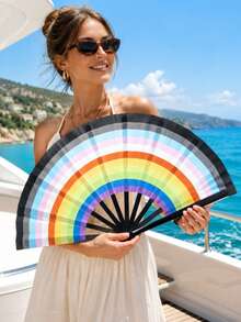 1pc Rainbow Striped Large Folding Fan, Stage Dance Prop, Beach Vacation Party Photo Decoration Handheld Fan - Multicolor - View 3