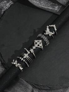 Juego de 8 anillos vintage desgastados de plata con cruz, mariposa, flor hueca con strass y estrella, anillos apilables para mujer - Plateado - Ver 2