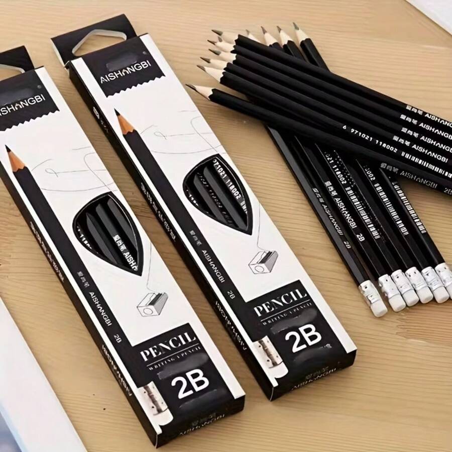 12pcs 2B Black Pencil Set With Eraser, Writing Tool Sketching Pencil, Drawing Tool 2B Exam Pencil Art Supplies Stationery Premium Writing Tool, Suitable For Writing, Student Drawing, Sketching And Painting - Multiple Styles - View 1