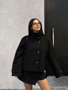 女款短版飛行夾克外套，秋冬高領鈕扣長袖街頭風短夾克，黑色 - 黑色 - 查看 3